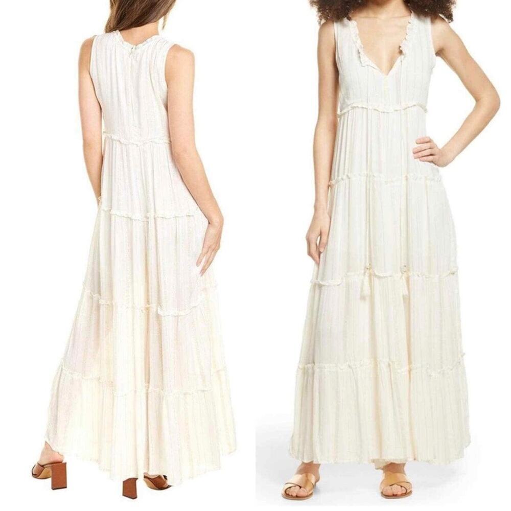 Anthropologie Raga white ivory tiered metallic striped wide leg jumpsuit large - Picture 2 of 12